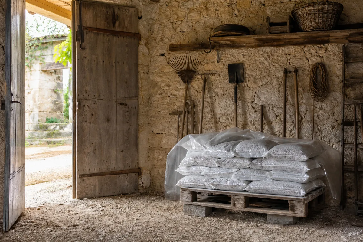 Palette de sacs de granulés stockée au sec dans une remise, sur plancher surélevé