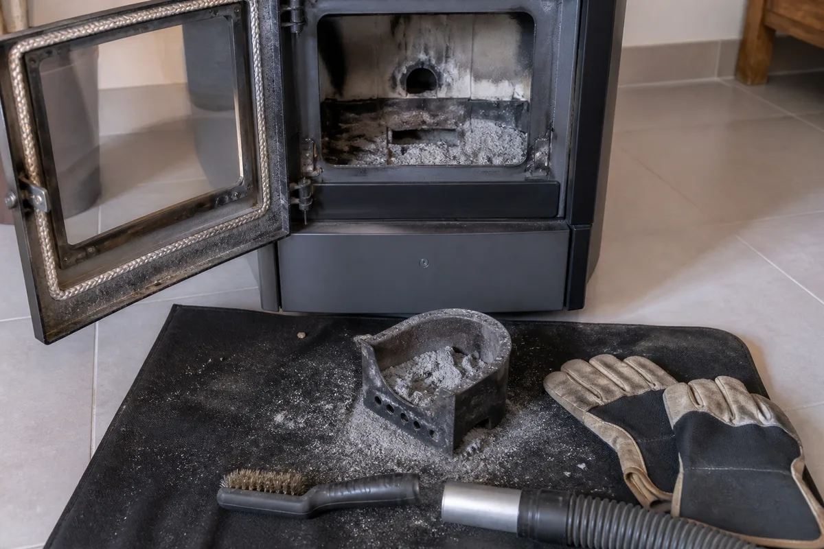 Creuset d&rsquo;un poêle à granulés en cours de décendrage avec brosse et aspirateur à cendres