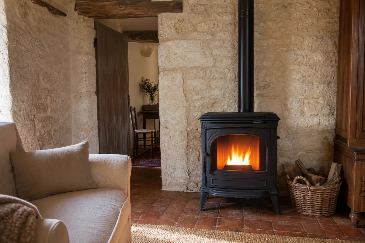 Poêle à granulés allumé dans un séjour aux murs de pierre calcaire, dans une maison des Deux-Sèvres
