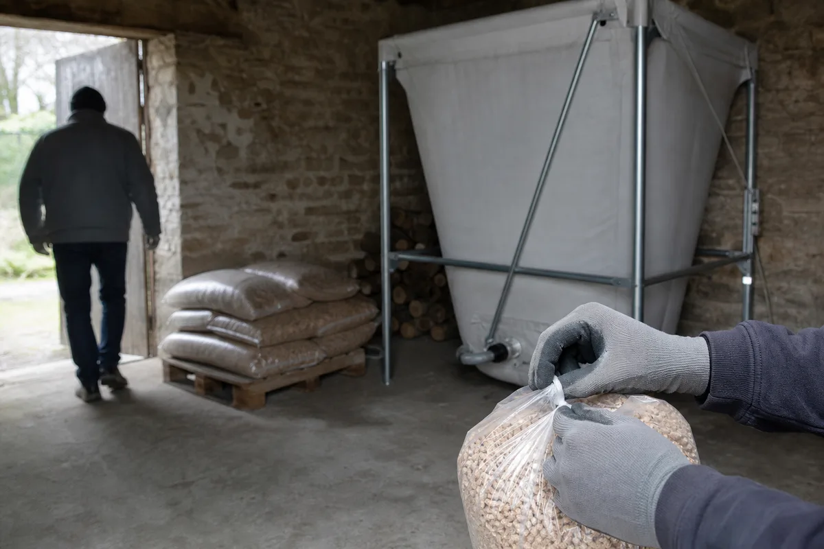 Silo à granulés et palette de sacs stockés dans une dépendance en pierre