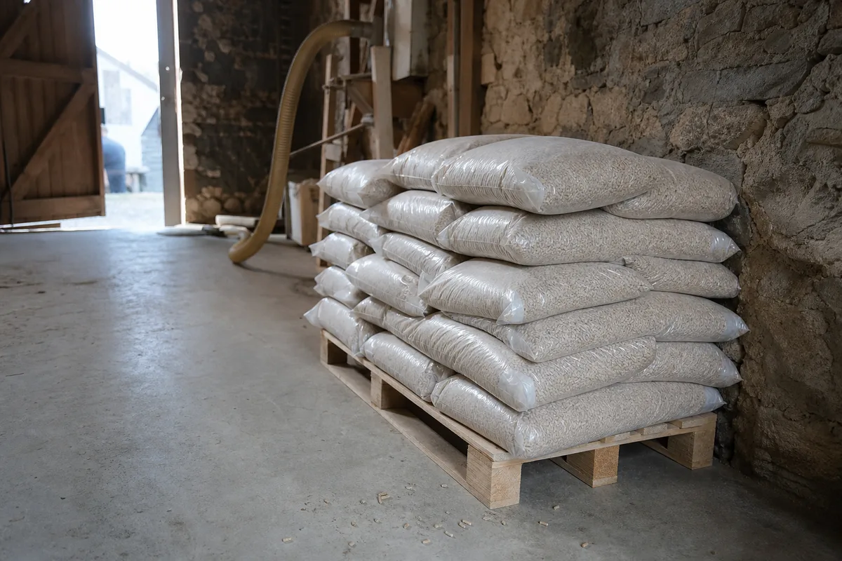 Sacs de granulés stockés au sec sur palette dans une dépendance en pierre du bocage