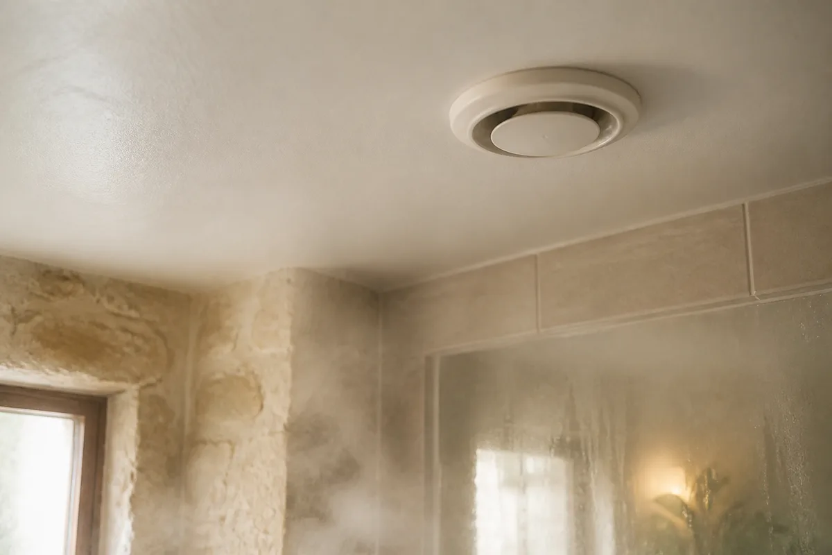 Bouche d&rsquo;extraction hygroréglable blanche au plafond d&rsquo;une salle de bains carrelée, vapeur légère