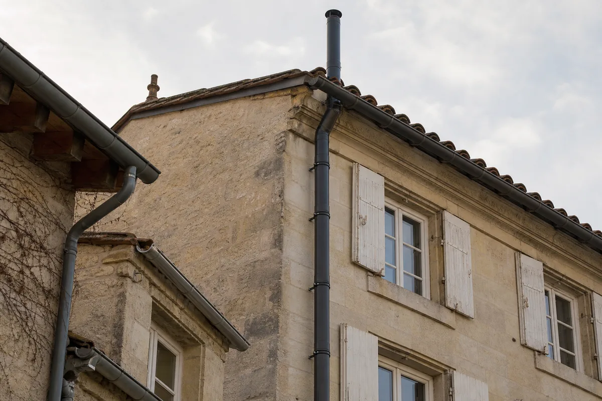 Poêle à granulés en fonte allumé dans le séjour d&rsquo;une maison niortaise aux murs de pierre calcaire
