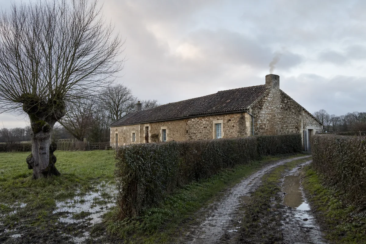 Panorama du bocage deux-sévrien en hiver, haies vives, prairies et longère en pierre sous un ciel bas