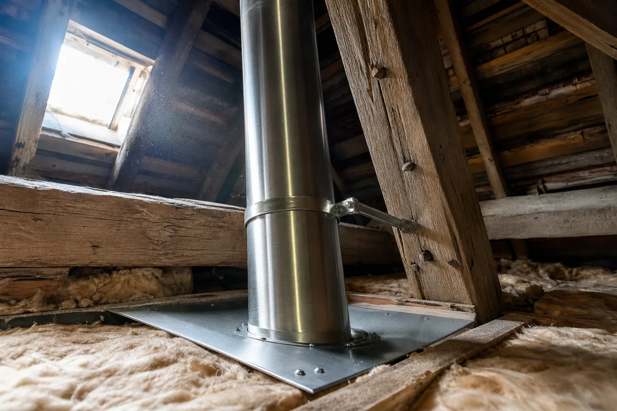 Conduit de fumée tubé en inox traversant un comble ancien à charpente de chêne