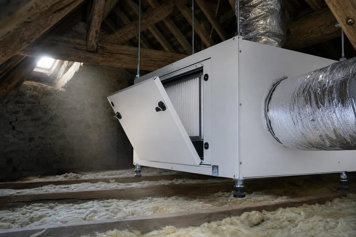 Centrale de traitement d’air installée sous la charpente d’un comble de maison ancienne