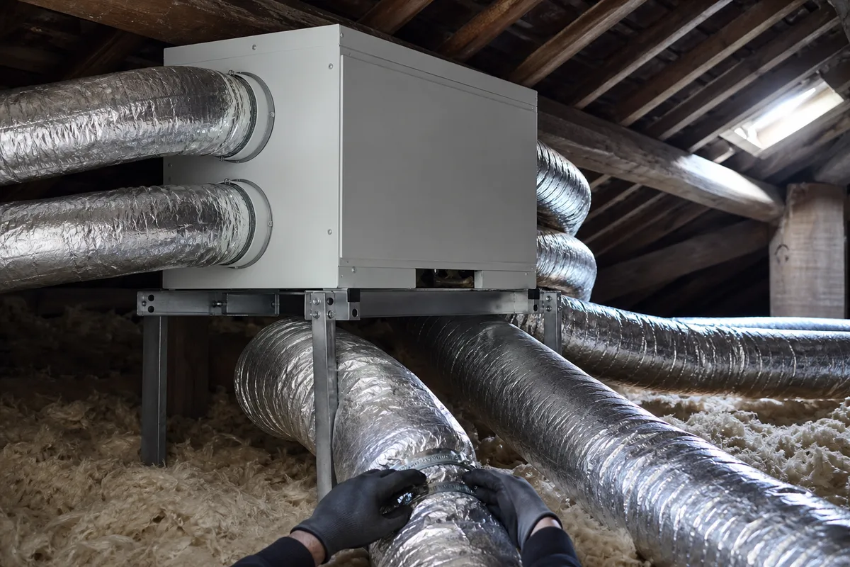 Centrale de traitement d&rsquo;air installée dans un comble aménagé, gaines isolées et lumière douce d&rsquo;hiver