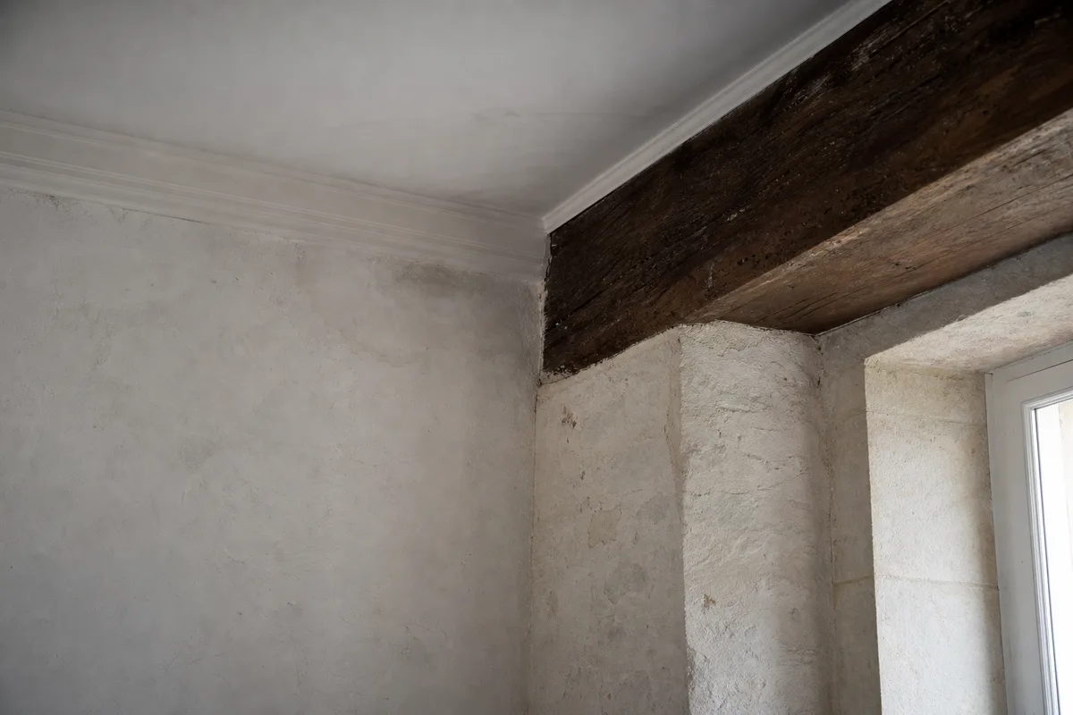 Angle de mur en pierre calcaire dans un séjour ancien, trace d&rsquo;humidité près du plafond, lumière rasante