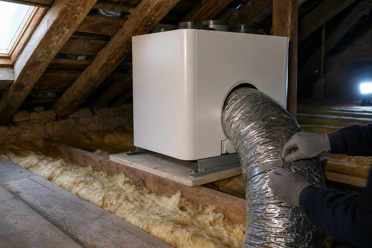 Centrale de traitement d’air par insufflation installée dans les combles d’une longère en pierre