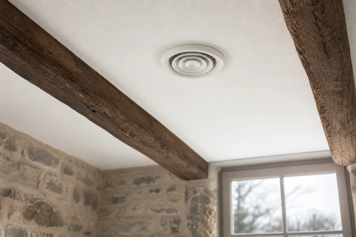 Bouche de soufflage discrète au plafond d’un séjour ancien, lumière douce d’hiver